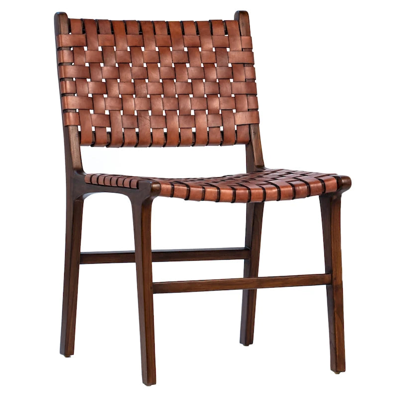 Chaise de salle à manger Maverick en cuir pleine fleur tissé avec structure en teck