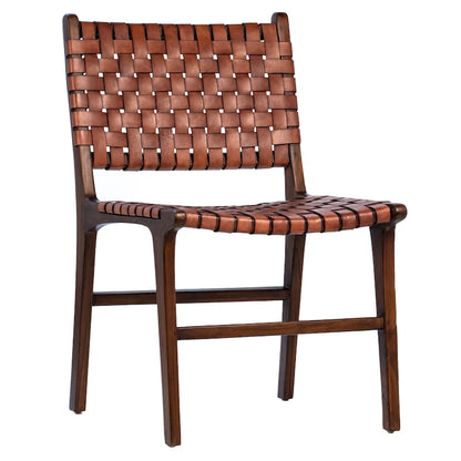 Chaise de salle à manger Maverick en cuir pleine fleur tissé avec structure en teck