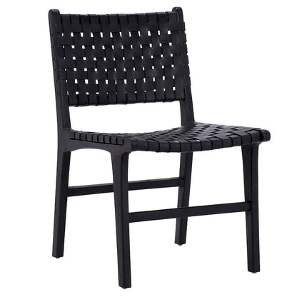 Chaise de salle à manger Maverick en cuir pleine fleur tissé avec structure en teck