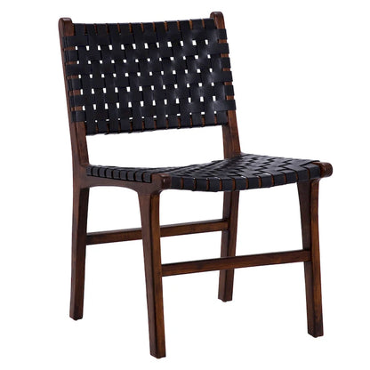 Chaise de salle à manger Maverick en cuir pleine fleur tissé avec structure en teck