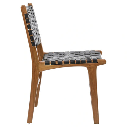 Chaise de salle à manger Maverick en cuir pleine fleur tissé avec structure en teck
