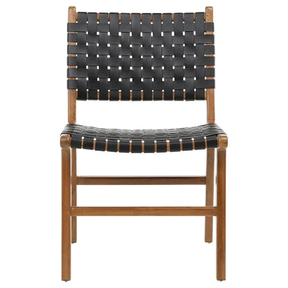 Chaise de salle à manger Maverick en cuir pleine fleur tissé avec structure en teck