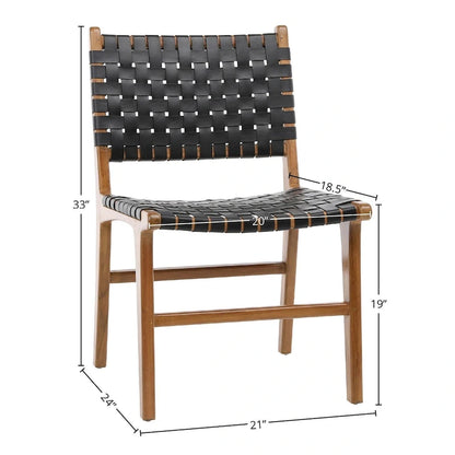 Chaise de salle à manger Maverick en cuir pleine fleur tissé avec structure en teck