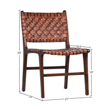 Chaise de salle à manger Maverick en cuir pleine fleur tissé avec structure en teck