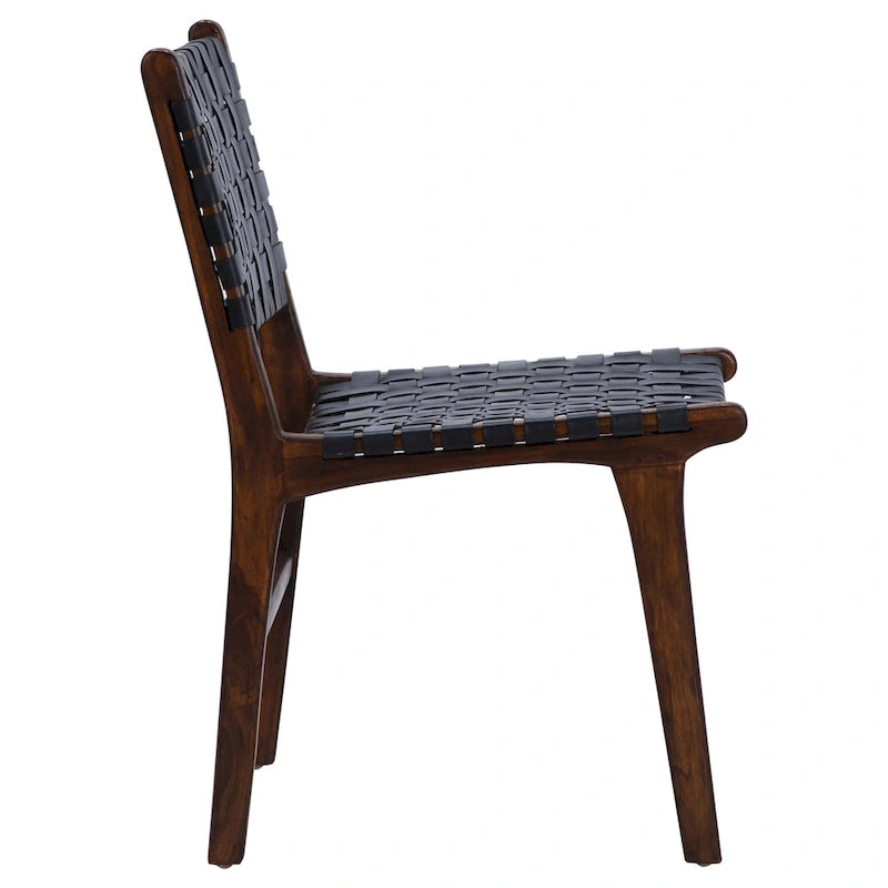 Chaise de salle à manger Maverick en cuir pleine fleur tissé avec structure en teck