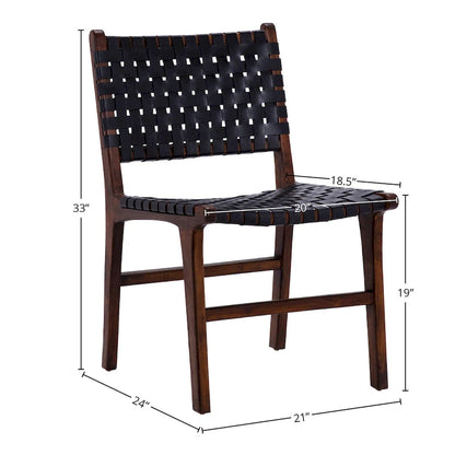 Chaise de salle à manger Maverick en cuir pleine fleur tissé avec structure en teck
