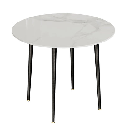Table de salle à manger ronde avec plateau en marbre et pieds en métal, idéale pour la salle à manger ou la cuisine.