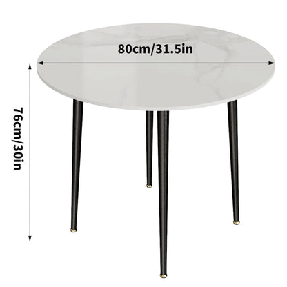 Table de salle à manger ronde avec plateau en marbre et pieds en métal, idéale pour la salle à manger ou la cuisine.