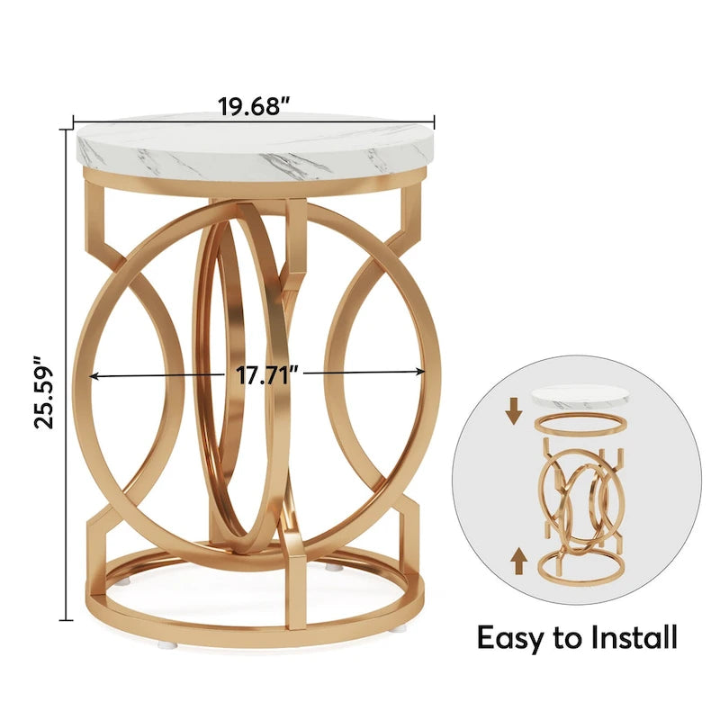Table d'appoint dorée, table ronde avec plateau en imitation marbre