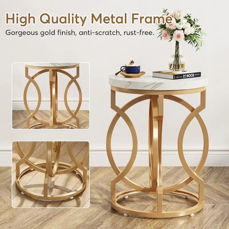 Table d'appoint dorée, table ronde avec plateau en imitation marbre