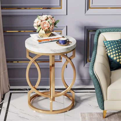 Table d'appoint dorée, table ronde avec plateau en imitation marbre