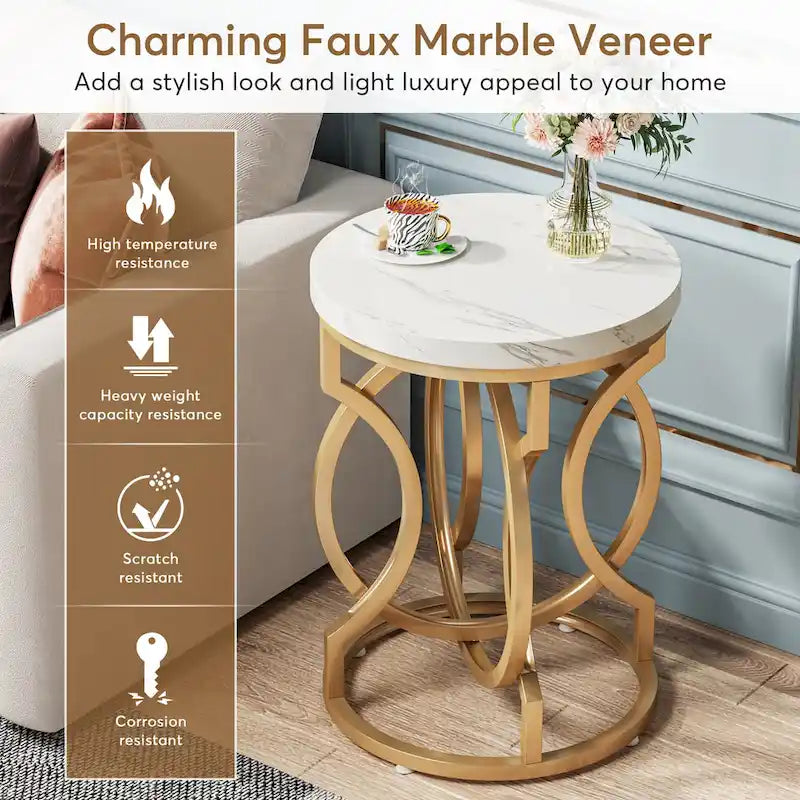 Table d'appoint dorée, table ronde avec plateau en imitation marbre