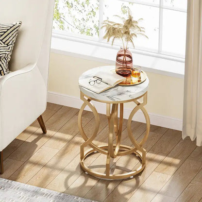 Table d'appoint dorée, table ronde avec plateau en imitation marbre