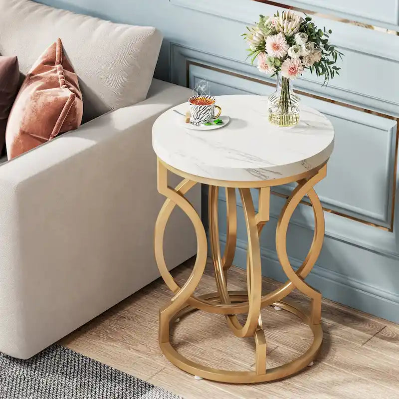 Table d'appoint dorée, table ronde avec plateau en imitation marbre