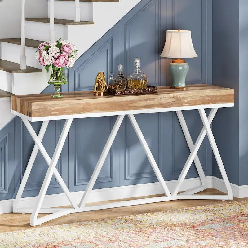 Console en bois de 140 cm (55 pouces), table d'appoint/table d'entrée avec pieds en métal originaux