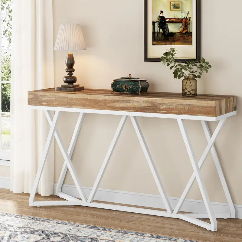 Console en bois de 140 cm (55 pouces), table d'appoint/table d'entrée avec pieds en métal originaux