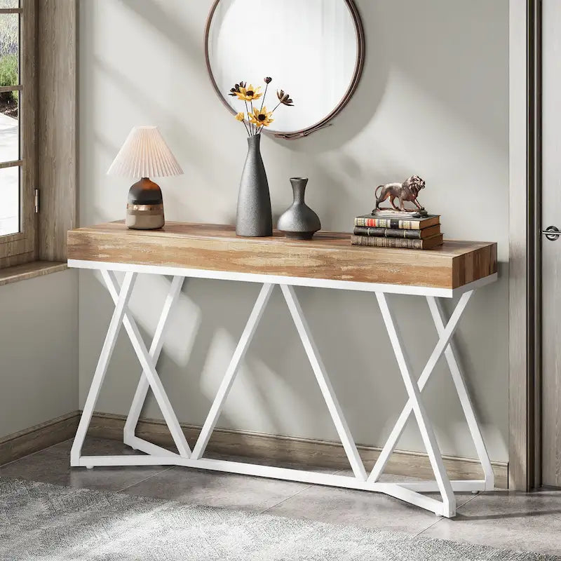 Console en bois de 140 cm (55 pouces), table d'appoint/table d'entrée avec pieds en métal originaux