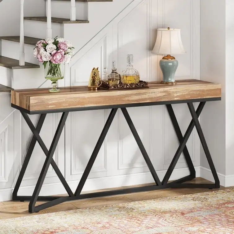 Console en bois de 140 cm (55 pouces), table d'appoint/table d'entrée avec pieds en métal originaux