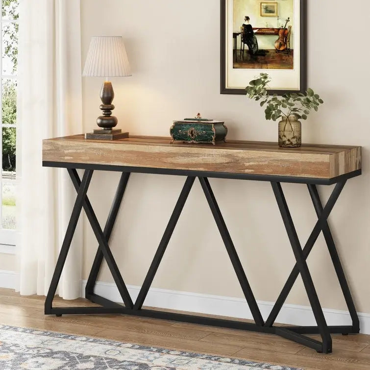 Console en bois de 140 cm (55 pouces), table d'appoint/table d'entrée avec pieds en métal originaux