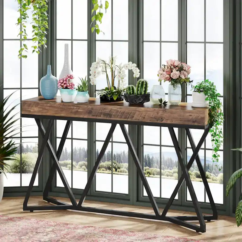 Console en bois de 140 cm (55 pouces), table d'appoint/table d'entrée avec pieds en métal originaux
