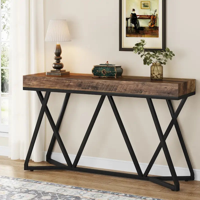 Console en bois de 140 cm (55 pouces), table d'appoint/table d'entrée avec pieds en métal originaux