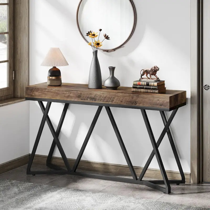 Console en bois de 140 cm (55 pouces), table d'appoint/table d'entrée avec pieds en métal originaux