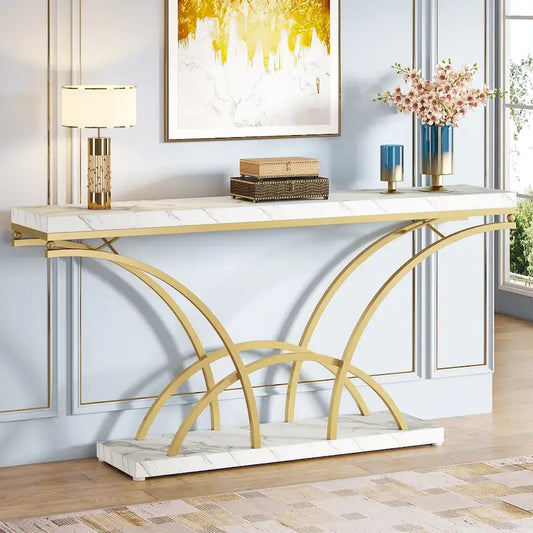 70.9 Inch Long Console Table Gold Sofa Table with White Faux Marble Tabletop for Entryway Living Room