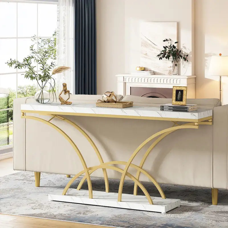 Table console de 180 cm de long, table d'appoint dorée avec plateau en faux marbre blanc pour entrée ou salon
