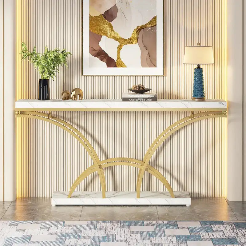 Table console de 180 cm de long, table d'appoint dorée avec plateau en faux marbre blanc pour entrée ou salon