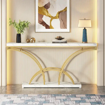 Table console de 180 cm de long, table d'appoint dorée avec plateau en faux marbre blanc pour entrée ou salon