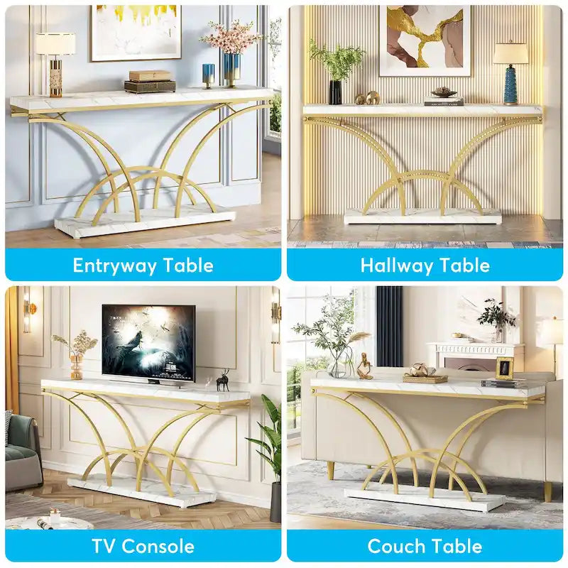Table console de 180 cm de long, table d'appoint dorée avec plateau en faux marbre blanc pour entrée ou salon
