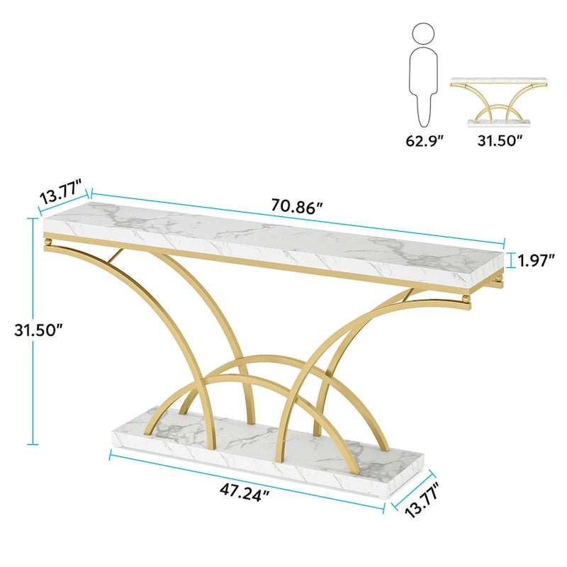 Table console de 180 cm de long, table d'appoint dorée avec plateau en faux marbre blanc pour entrée ou salon