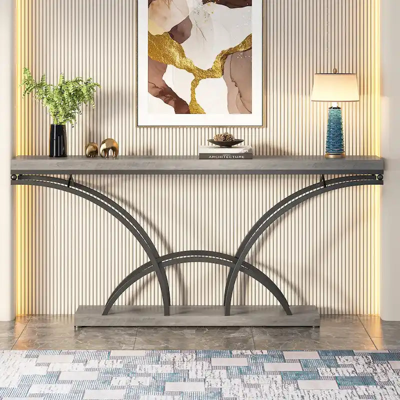 Table console de 180 cm de long, table d'appoint dorée avec plateau en faux marbre blanc pour entrée ou salon