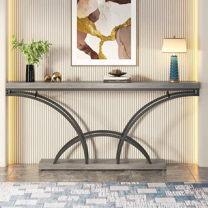Table console de 180 cm de long, table d'appoint dorée avec plateau en faux marbre blanc pour entrée ou salon