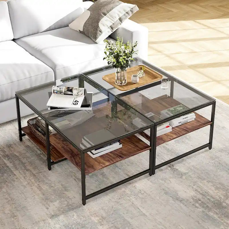 Table basse de style campagnard en verre avec rangement, métal et bois