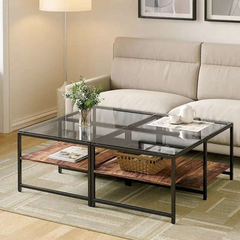 Table basse de style campagnard en verre avec rangement, métal et bois