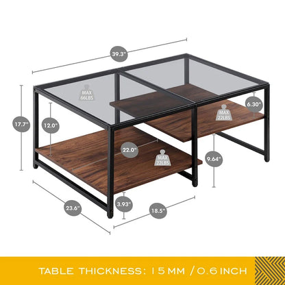 Table basse de style campagnard en verre avec rangement, métal et bois