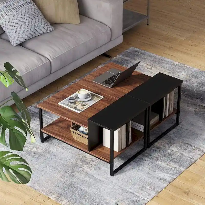Table basse de style campagnard en verre avec rangement, métal et bois