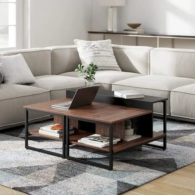 Table basse de style campagnard en verre avec rangement, métal et bois