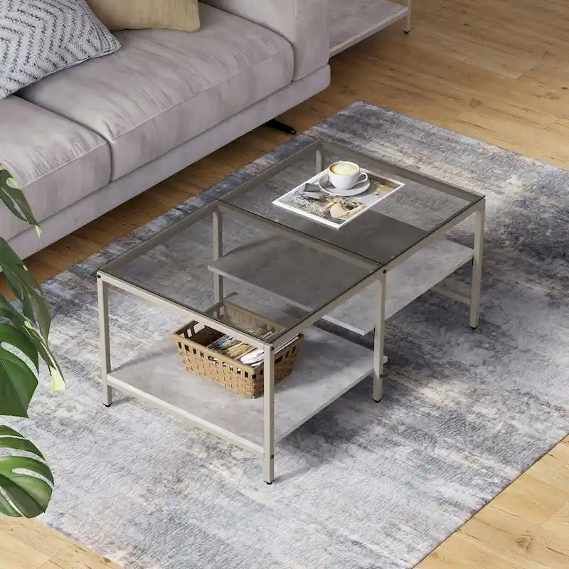 Table basse de style campagnard en verre avec rangement, métal et bois