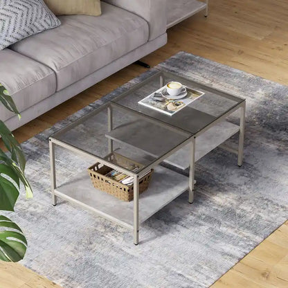 Table basse de style campagnard en verre avec rangement, métal et bois