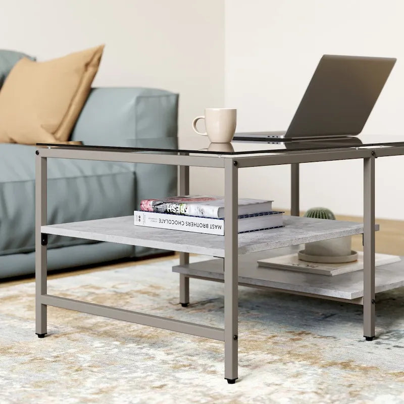 Table basse de style campagnard en verre avec rangement, métal et bois