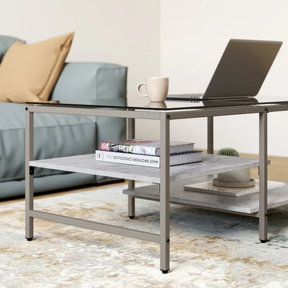 Table basse de style campagnard en verre avec rangement, métal et bois