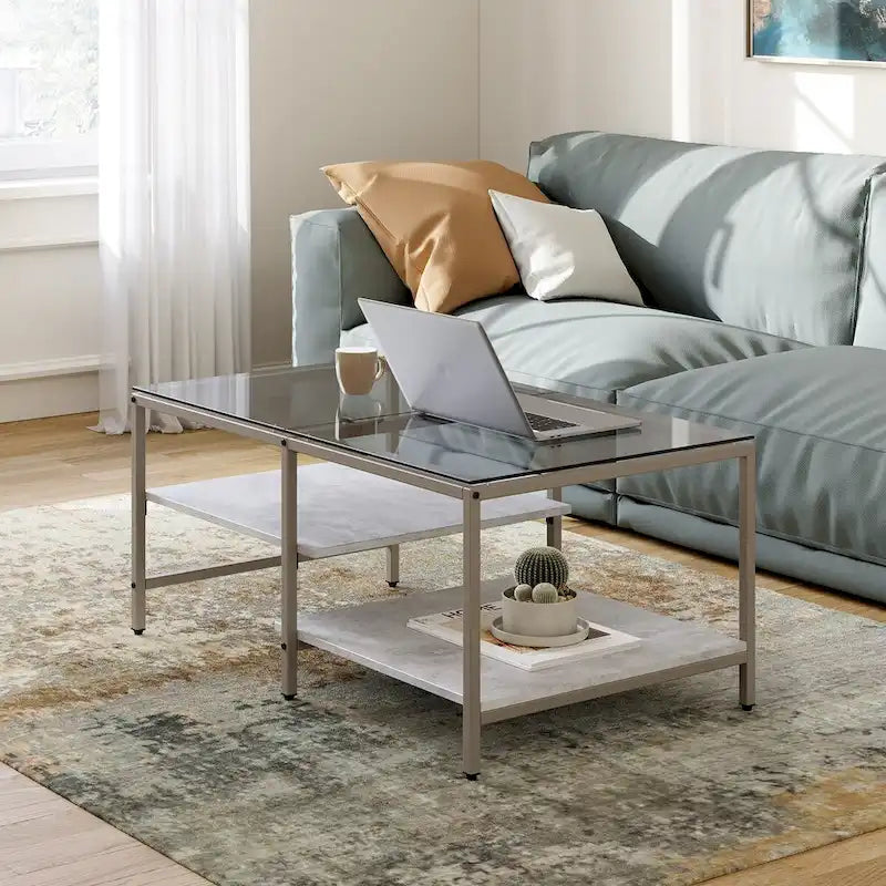 Table basse de style campagnard en verre avec rangement, métal et bois