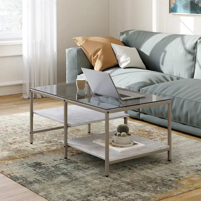 Table basse de style campagnard en verre avec rangement, métal et bois