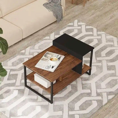 Table basse de style campagnard en verre avec rangement, métal et bois