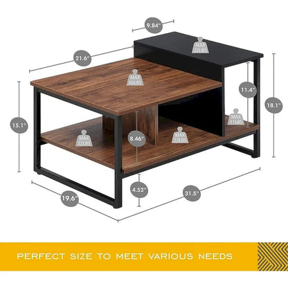 Table basse de style campagnard en verre avec rangement, métal et bois