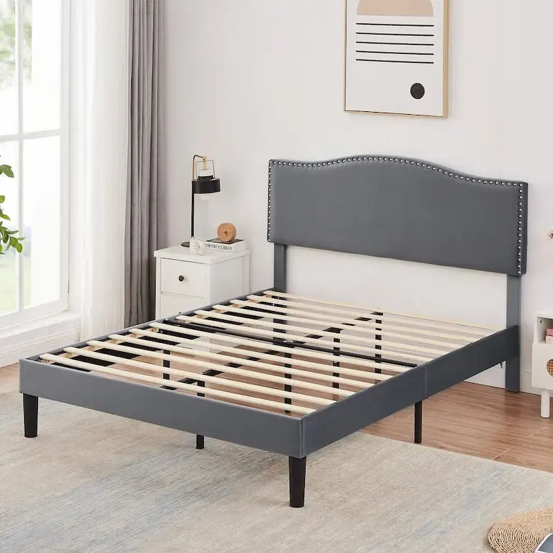 VECELO, Cadre de lit plateforme rembourré avec tête de lit cloutée, tailles Twin, Full et Queen - Gris