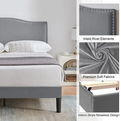 VECELO, Cadre de lit plateforme rembourré avec tête de lit cloutée, tailles Twin, Full et Queen - Gris