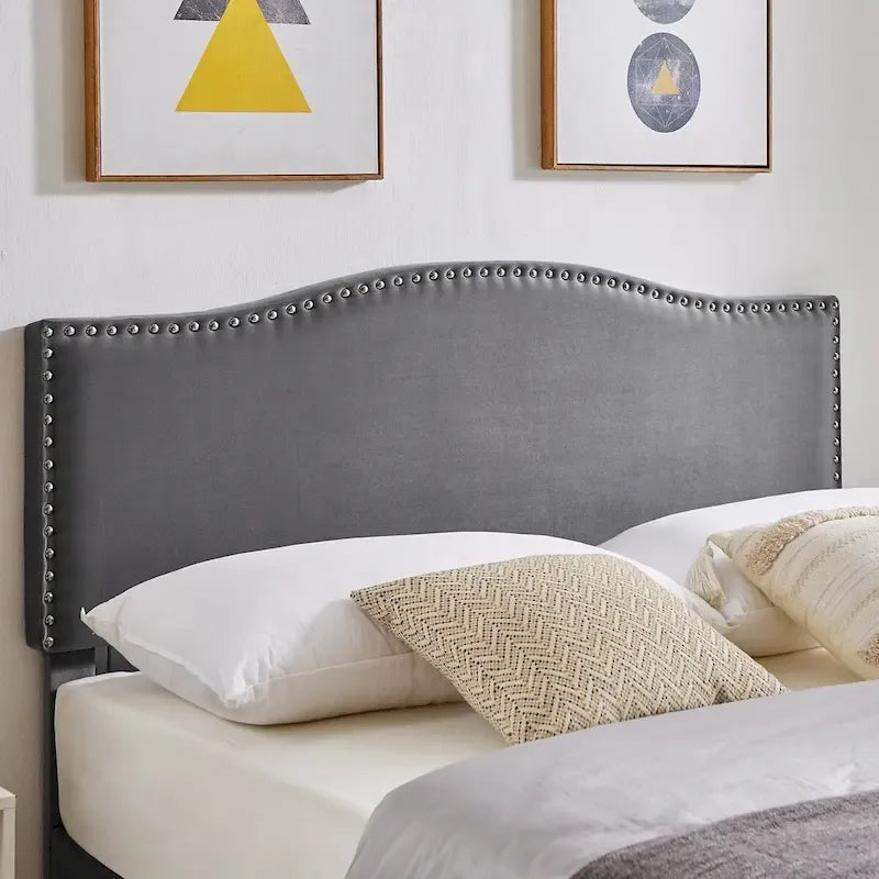 VECELO, Cadre de lit plateforme rembourré avec tête de lit cloutée, tailles Twin, Full et Queen - Gris